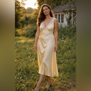 NWT DÔEN Corelia Silk Midi Dress in Forsythia , Butter Yellow Size L